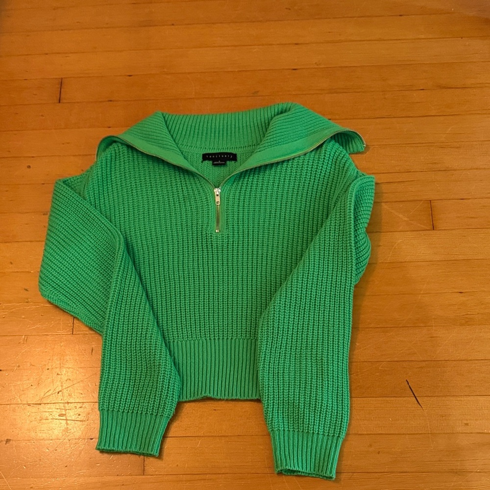 Green Women's Quarter Zip Cotton Sweater